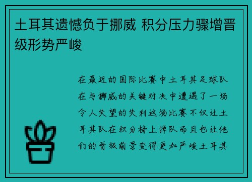 土耳其遗憾负于挪威 积分压力骤增晋级形势严峻