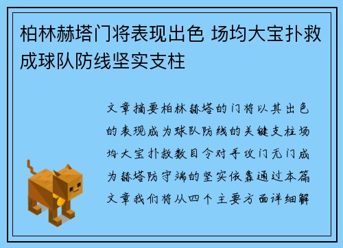 柏林赫塔门将表现出色 场均大宝扑救成球队防线坚实支柱