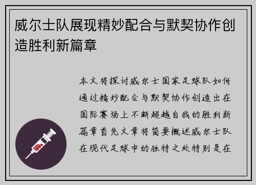 威尔士队展现精妙配合与默契协作创造胜利新篇章